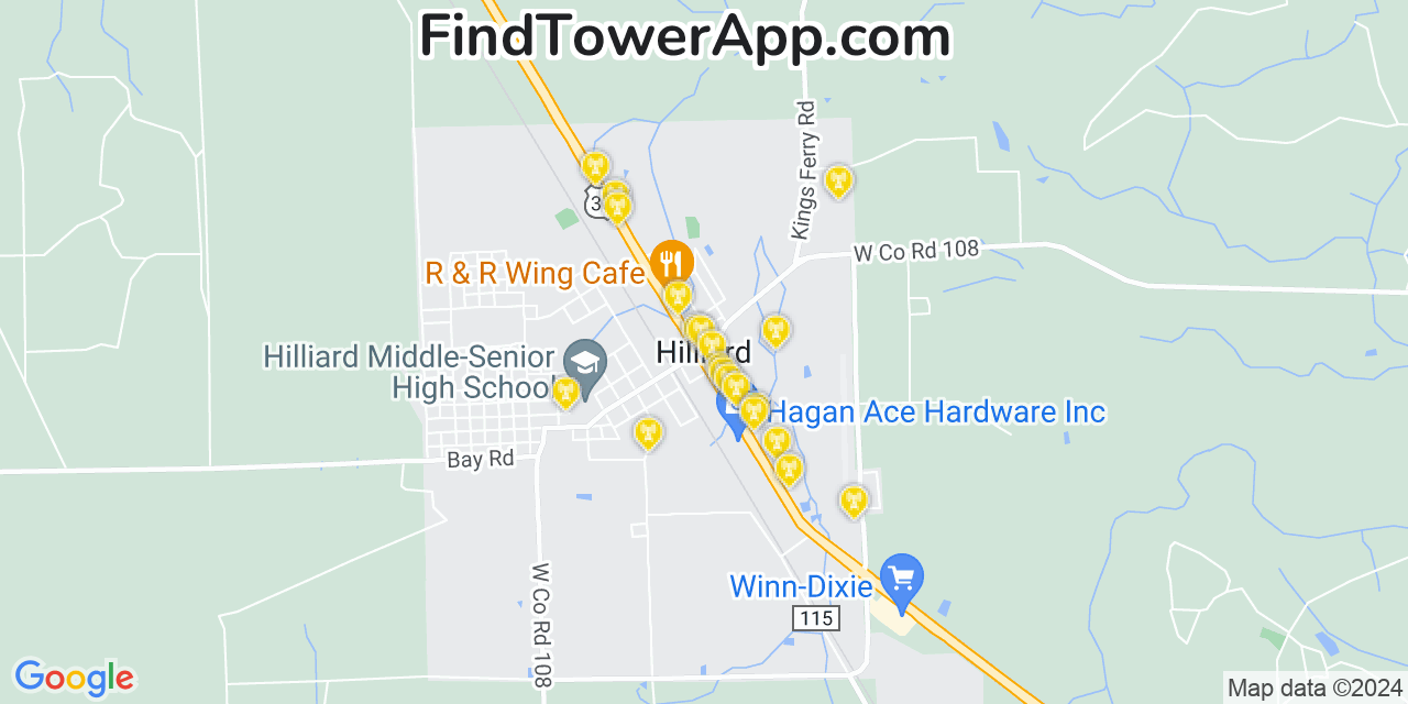 AT&T 4G/5G cell tower coverage map Hilliard, Florida