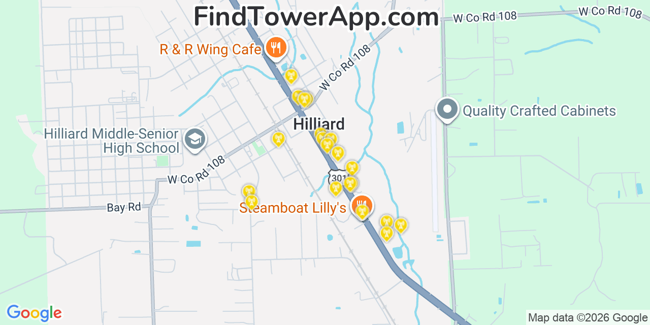 Map showing the 20 primary cell tower locations detected in Hilliard, Florida from AT&T, Verizon, and T-Mobile networks