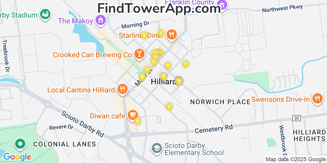 Map showing the 20 primary cell tower locations detected in Hilliard, Ohio from AT&T, Verizon, and T-Mobile networks