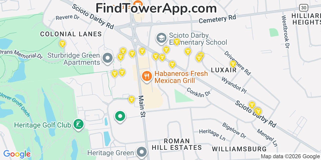 Map showing the 20 primary cell tower locations detected in Hilliard, Ohio from AT&T, Verizon, and T-Mobile networks