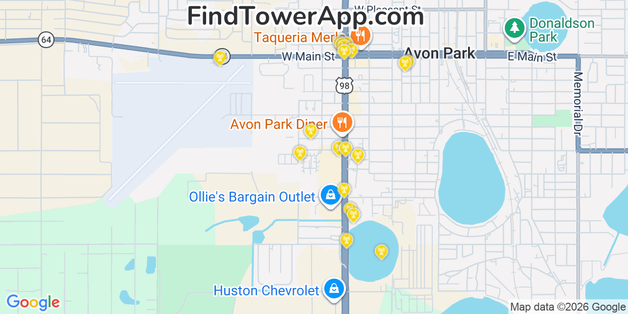 Map showing the 20 primary cell tower locations detected in Hilln Dale, Florida from AT&T, Verizon, and T-Mobile networks