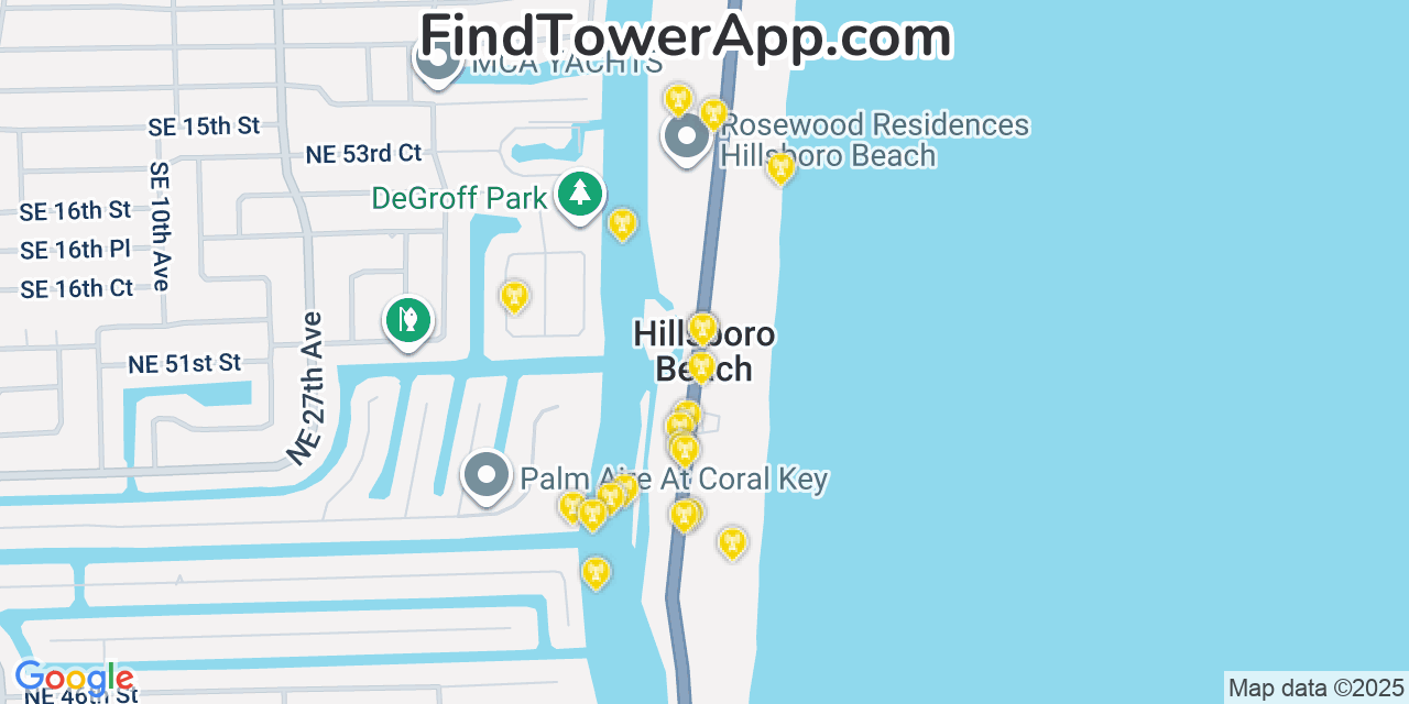 Map showing the 20 primary cell tower locations detected in Hillsboro Beach, Florida from AT&T, Verizon, and T-Mobile networks