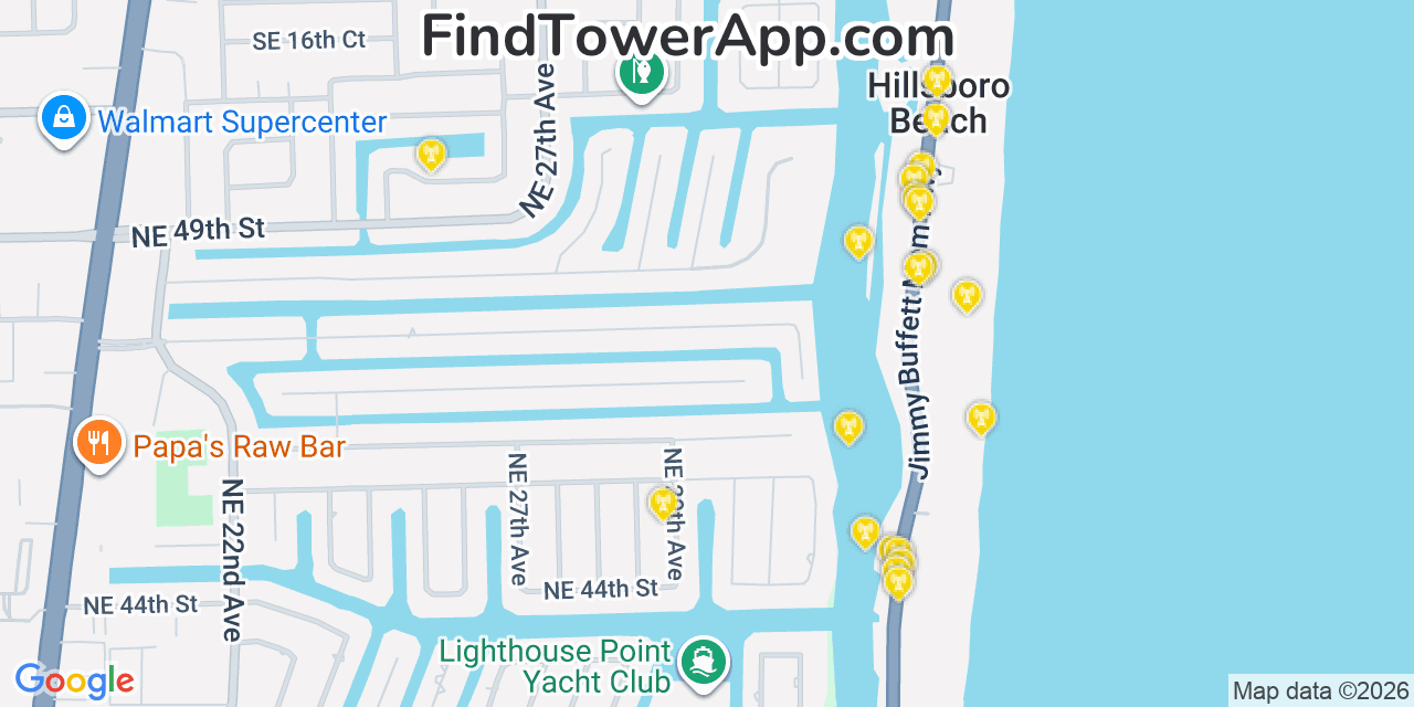 Map showing the 20 primary cell tower locations detected in Hillsboro Beach, Florida from AT&T, Verizon, and T-Mobile networks