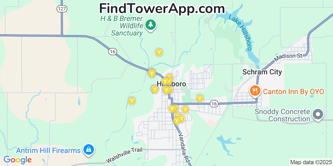 Map showing the 20 primary cell tower locations detected in Hillsboro, Illinois from AT&T, Verizon, and T-Mobile networks