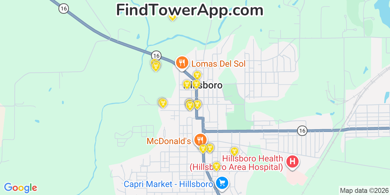 Map showing the 20 primary cell tower locations detected in Hillsboro, Illinois from AT&T, Verizon, and T-Mobile networks