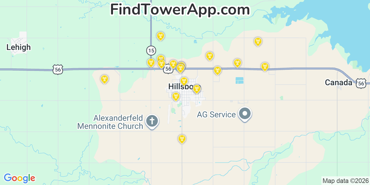 Map showing the 20 primary cell tower locations detected in Hillsboro, Kansas from AT&T, Verizon, and T-Mobile networks