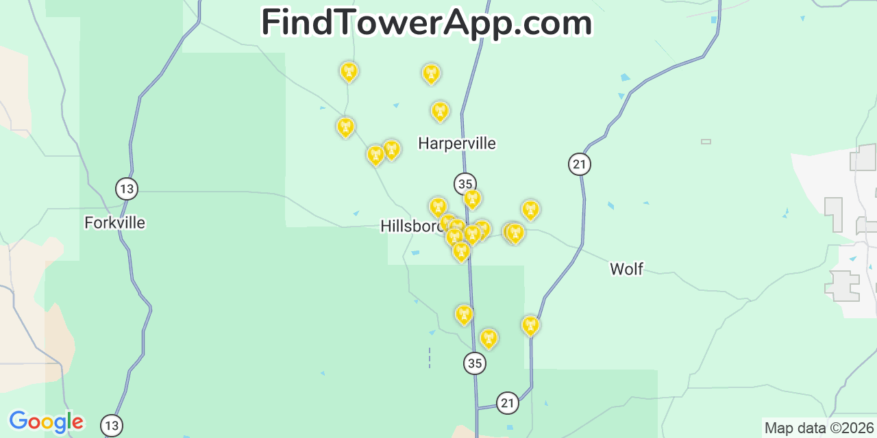 Map showing the 20 primary cell tower locations detected in Hillsboro, Mississippi from AT&T, Verizon, and T-Mobile networks
