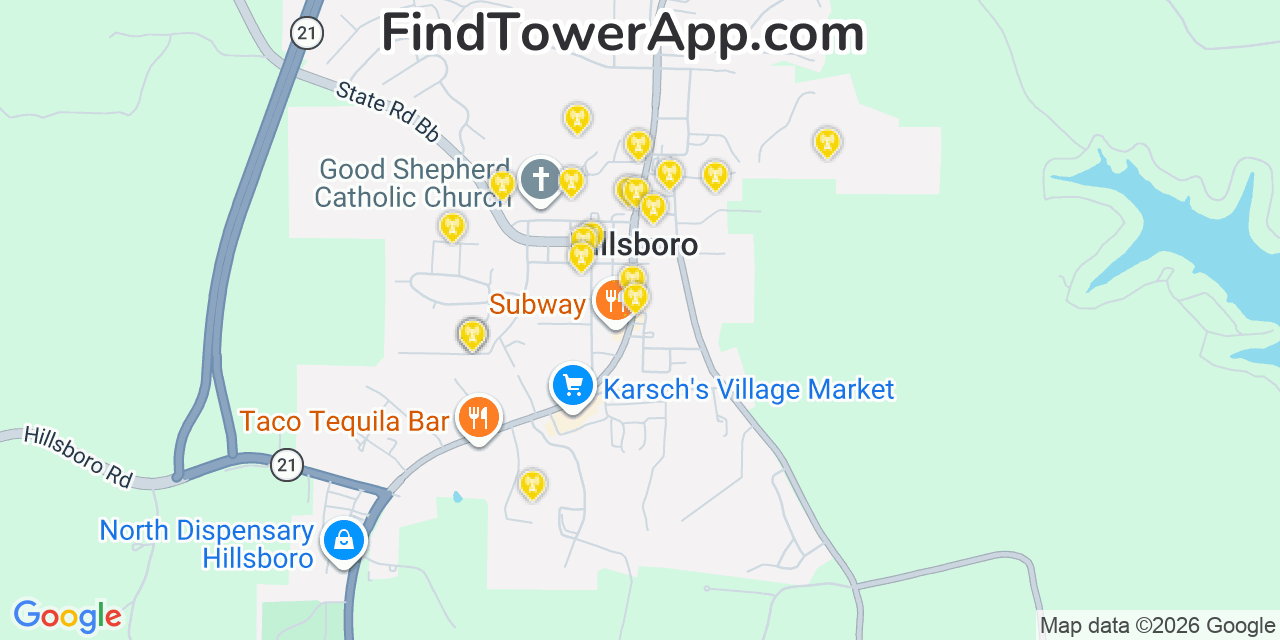 Map showing the 20 primary cell tower locations detected in Hillsboro, Missouri from AT&T, Verizon, and T-Mobile networks