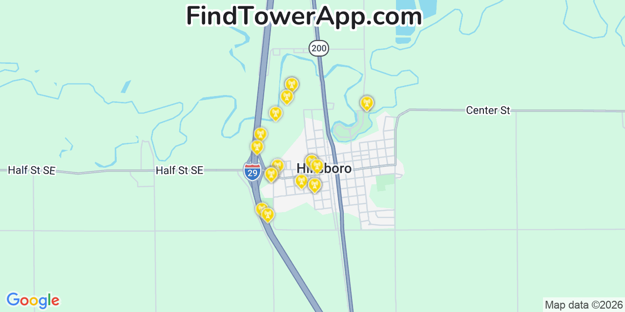 Map showing the 20 primary cell tower locations detected in Hillsboro, North Dakota from AT&T, Verizon, and T-Mobile networks