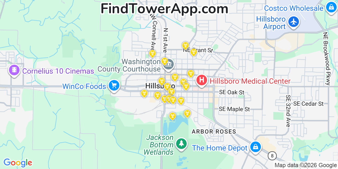 Map showing the 20 primary cell tower locations detected in Hillsboro, Oregon from AT&T, Verizon, and T-Mobile networks