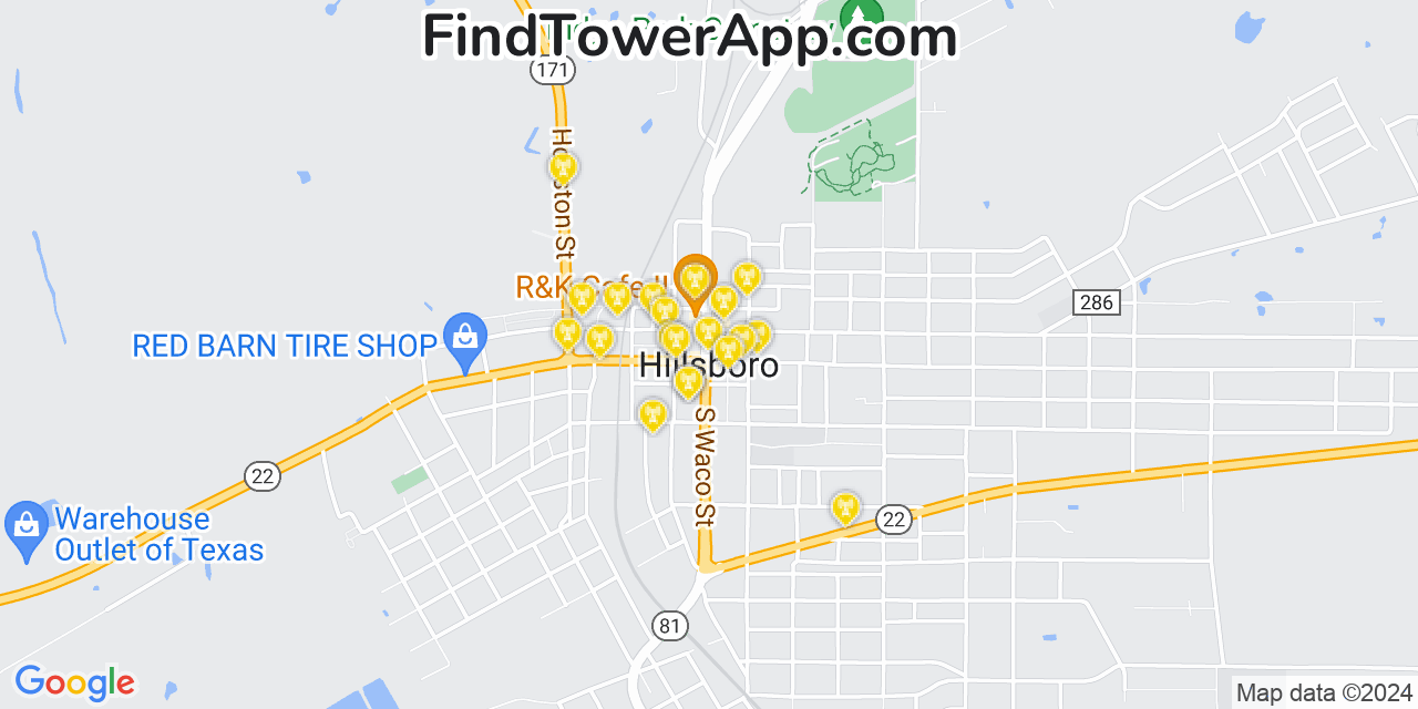 AT&T 4G/5G cell tower coverage map Hillsboro, Texas
