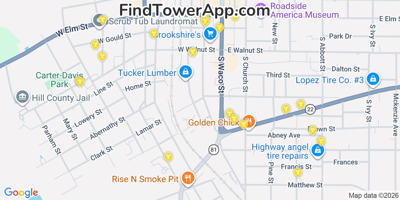 Map showing the 20 primary cell tower locations detected in Hillsboro, Texas from AT&T, Verizon, and T-Mobile networks