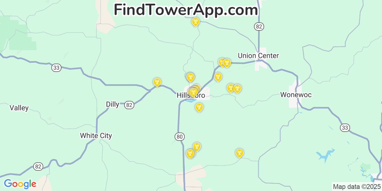 Map showing the 20 primary cell tower locations detected in Hillsboro, Wisconsin from AT&T, Verizon, and T-Mobile networks