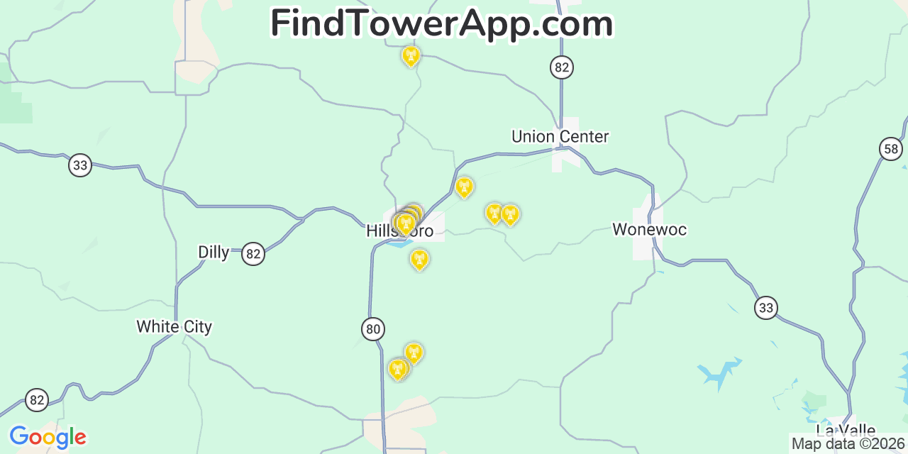 Map showing the 20 primary cell tower locations detected in Hillsboro, Wisconsin from AT&T, Verizon, and T-Mobile networks