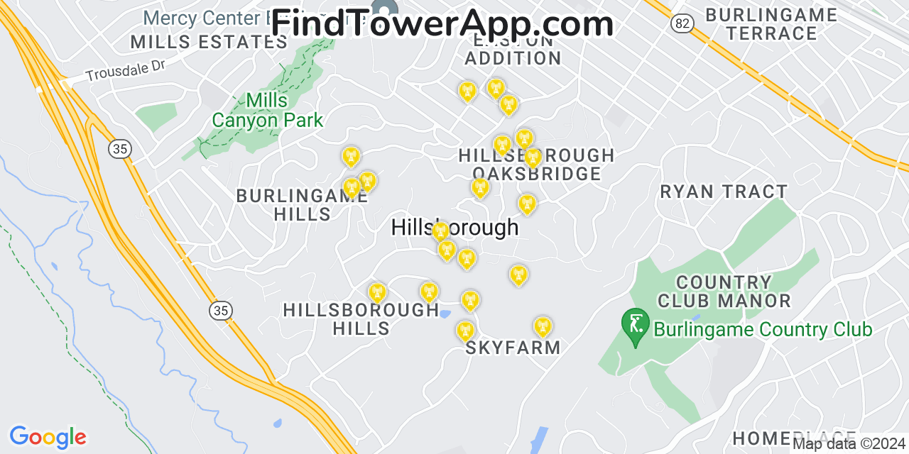 AT&T 4G/5G cell tower coverage map Hillsborough, California