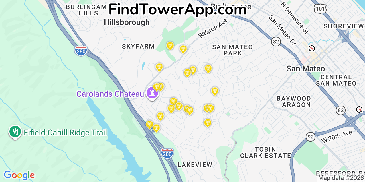 Map showing the 20 primary cell tower locations detected in Hillsborough, California from AT&T, Verizon, and T-Mobile networks