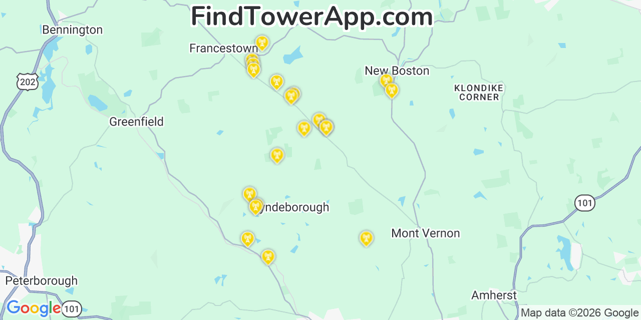 Map showing the 20 primary cell tower locations detected in Hillsborough, New Hampshire from AT&T, Verizon, and T-Mobile networks