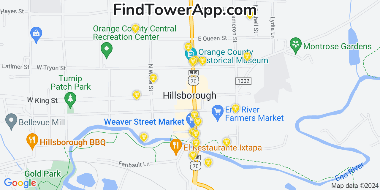 AT&T 4G/5G cell tower coverage map Hillsborough, North Carolina