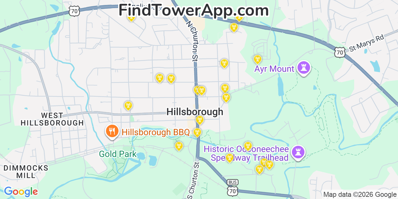 Map showing the 20 primary cell tower locations detected in Hillsborough, North Carolina from AT&T, Verizon, and T-Mobile networks