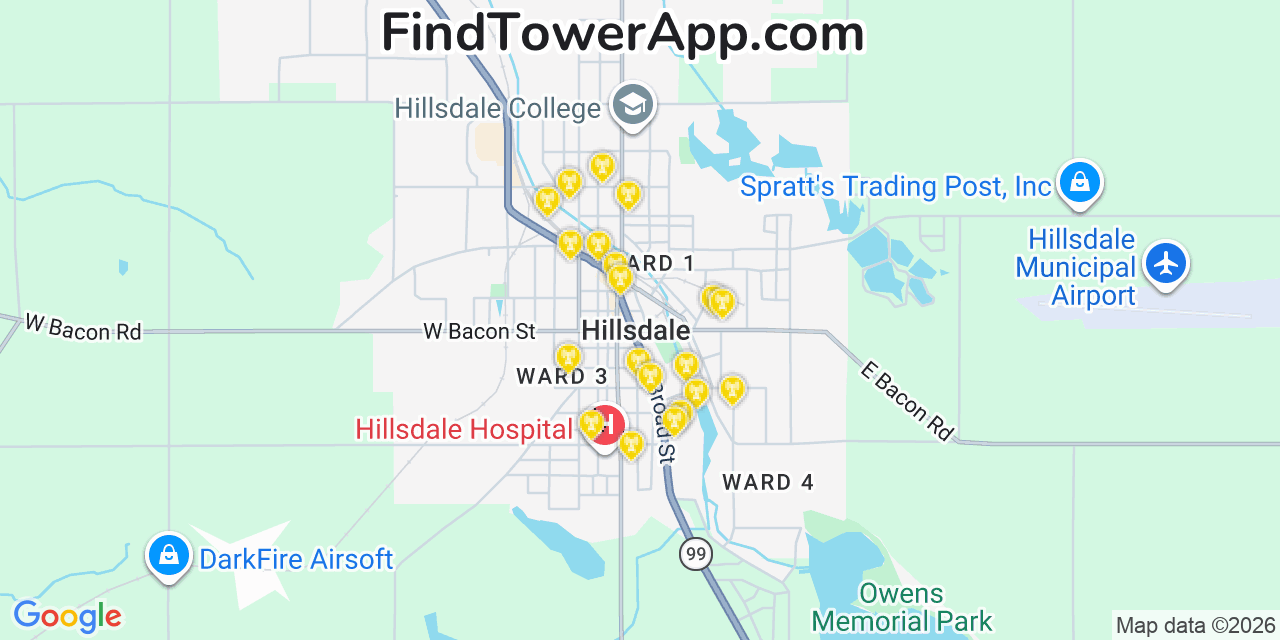 Map showing the 20 primary cell tower locations detected in Hillsdale, Michigan from AT&T, Verizon, and T-Mobile networks