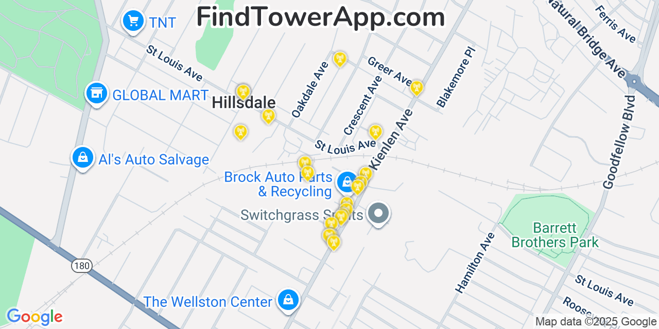 Map showing the 20 primary cell tower locations detected in Hillsdale, Missouri from AT&T, Verizon, and T-Mobile networks