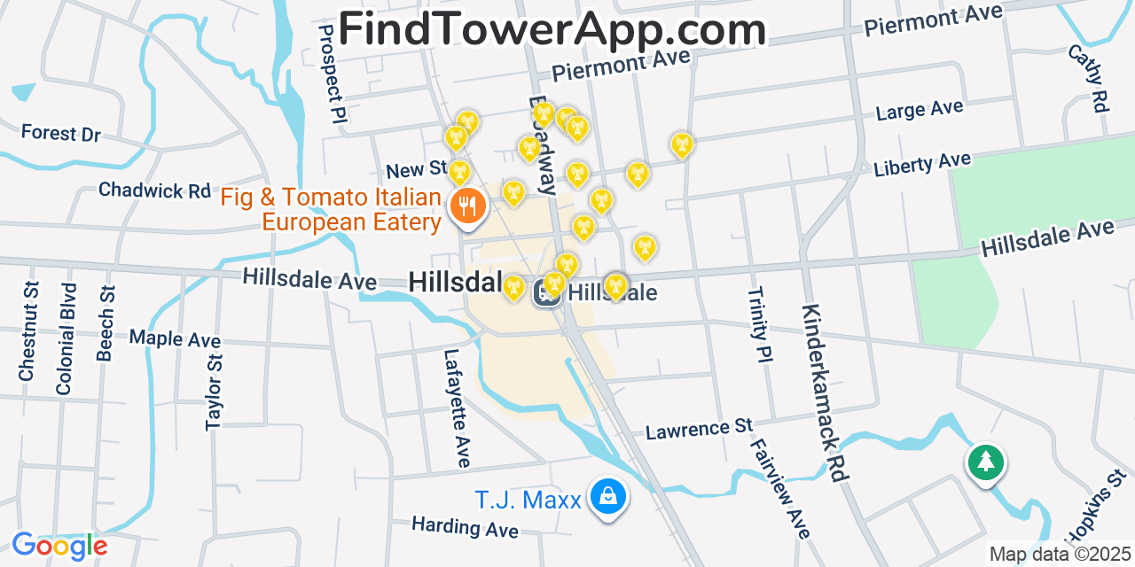 Map showing the 20 primary cell tower locations detected in Hillsdale, New Jersey from AT&T, Verizon, and T-Mobile networks