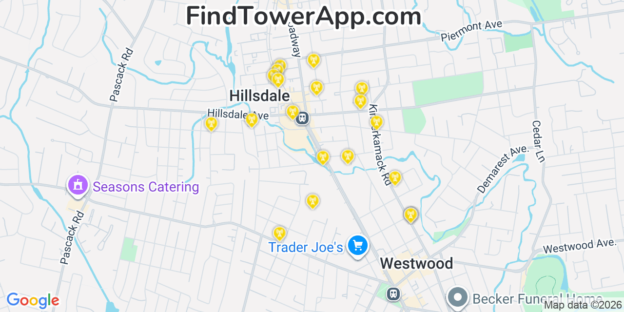 Map showing the 20 primary cell tower locations detected in Hillsdale, New Jersey from AT&T, Verizon, and T-Mobile networks