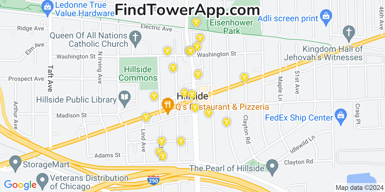 AT&T 4G/5G cell tower coverage map Hillside, Illinois