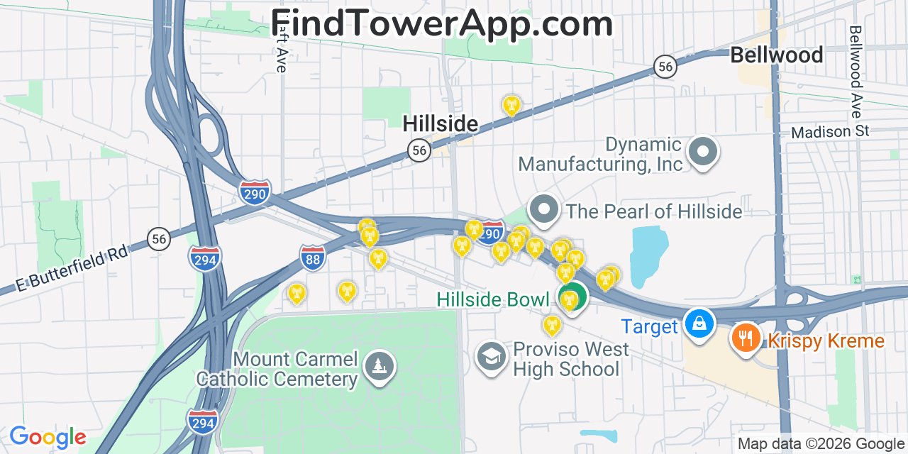 Map showing the 20 primary cell tower locations detected in Hillside, Illinois from AT&T, Verizon, and T-Mobile networks