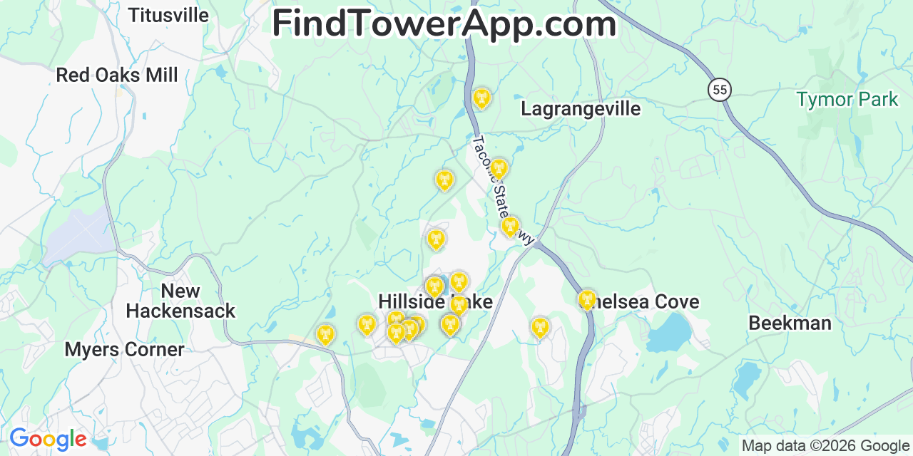 Map showing the 20 primary cell tower locations detected in Hillside Lake, New York from AT&T, Verizon, and T-Mobile networks