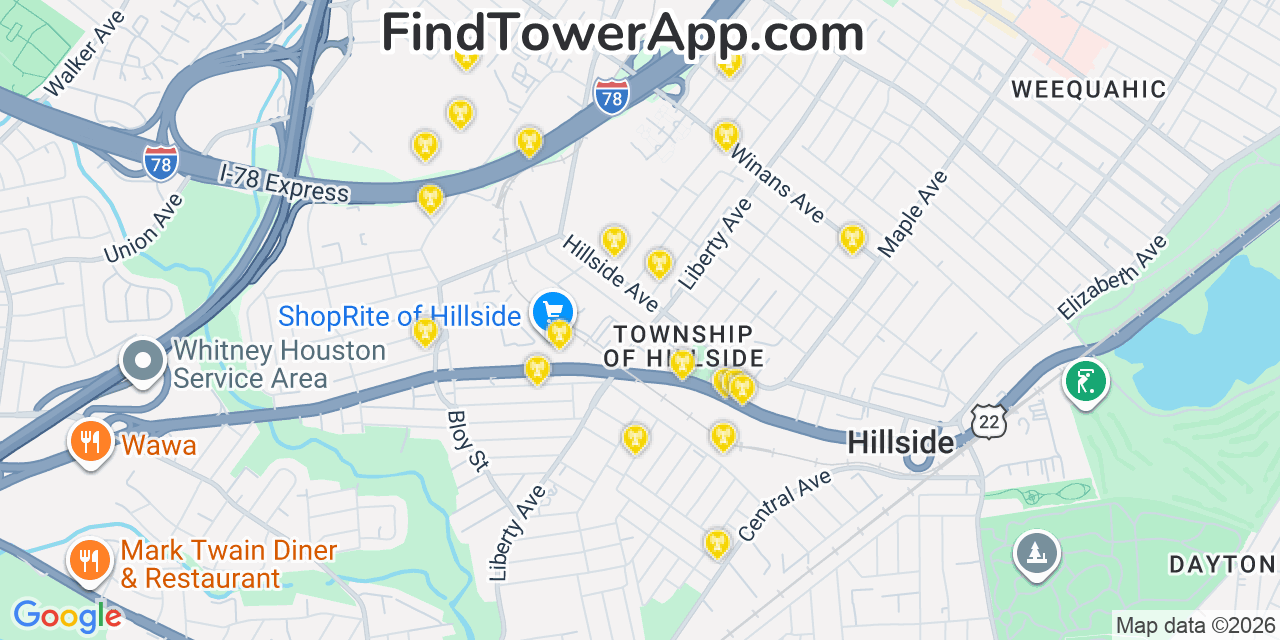 Map showing the 20 primary cell tower locations detected in Hillside, New Jersey from AT&T, Verizon, and T-Mobile networks