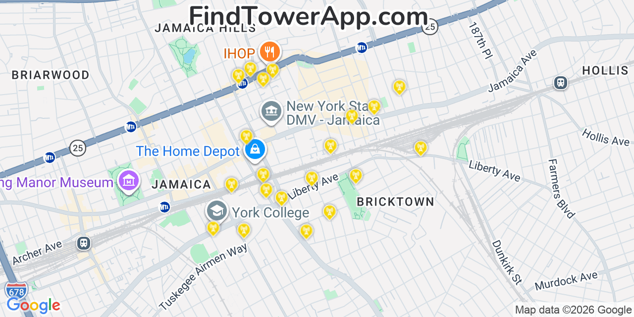 Map showing the 20 primary cell tower locations detected in Hillside, New York from AT&T, Verizon, and T-Mobile networks