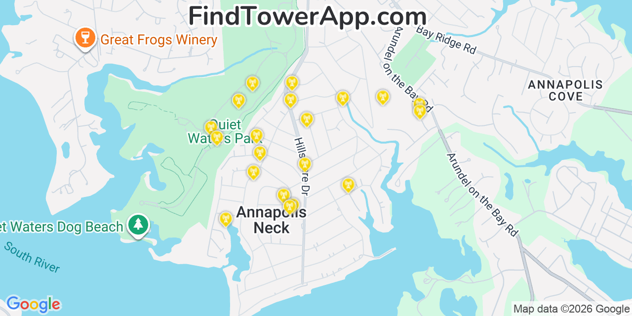 Map showing the 20 primary cell tower locations detected in Hillsmere Shores, Maryland from AT&T, Verizon, and T-Mobile networks