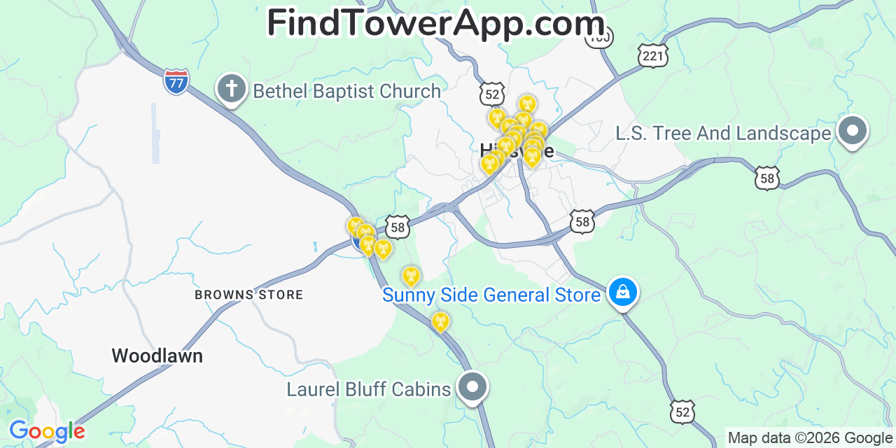 Map showing the 20 primary cell tower locations detected in Hillsville, Virginia from AT&T, Verizon, and T-Mobile networks