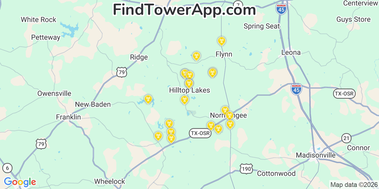 Map showing the 20 primary cell tower locations detected in Hilltop Lakes, Texas from AT&T, Verizon, and T-Mobile networks