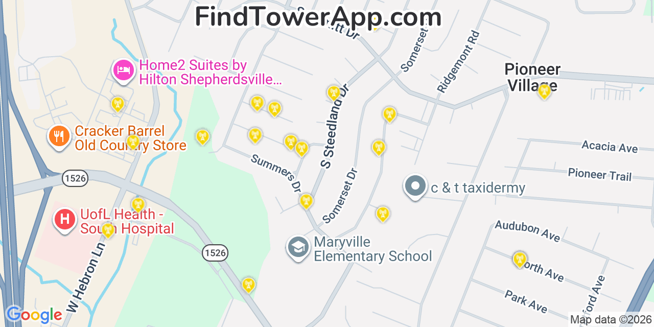 Map showing the 20 primary cell tower locations detected in Hillview, Kentucky from AT&T, Verizon, and T-Mobile networks
