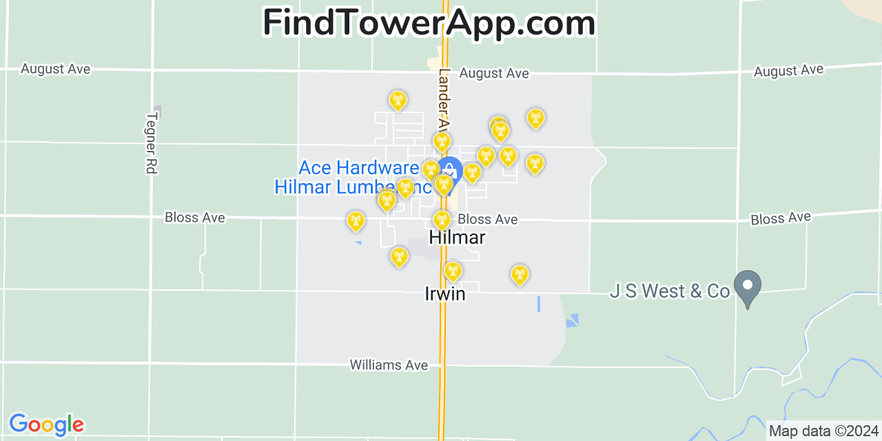 AT&T 4G/5G cell tower coverage map Hilmar Irwin, California