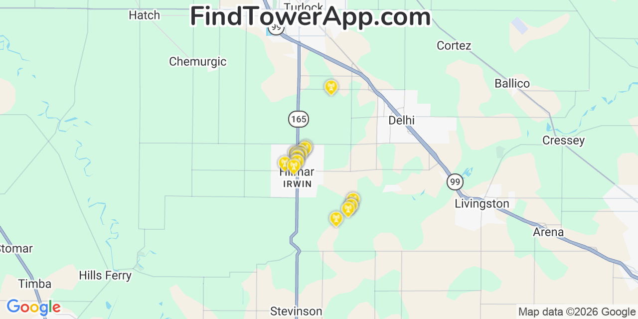 Map showing the 20 primary cell tower locations detected in Hilmar Irwin, California from AT&T, Verizon, and T-Mobile networks