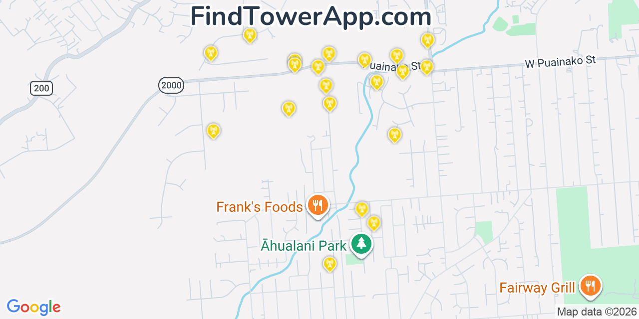 Map showing the 20 primary cell tower locations detected in Hilo, Hawaii from AT&T, Verizon, and T-Mobile networks