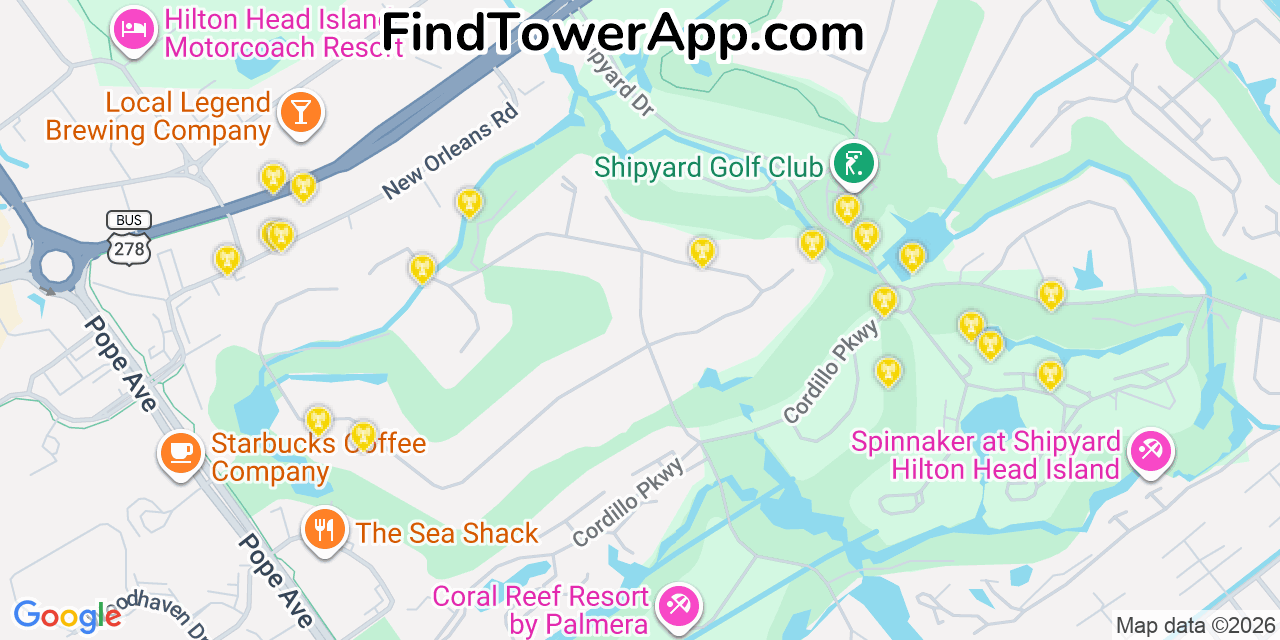 Map showing the 20 primary cell tower locations detected in Hilton Head Island, South Carolina from AT&T, Verizon, and T-Mobile networks
