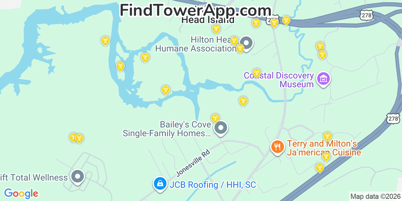 Map showing the 20 primary cell tower locations detected in Hilton Head, South Carolina from AT&T, Verizon, and T-Mobile networks