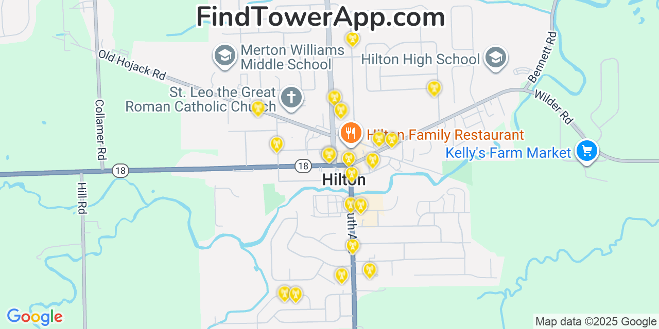 Map showing the 20 primary cell tower locations detected in Hilton, New York from AT&T, Verizon, and T-Mobile networks