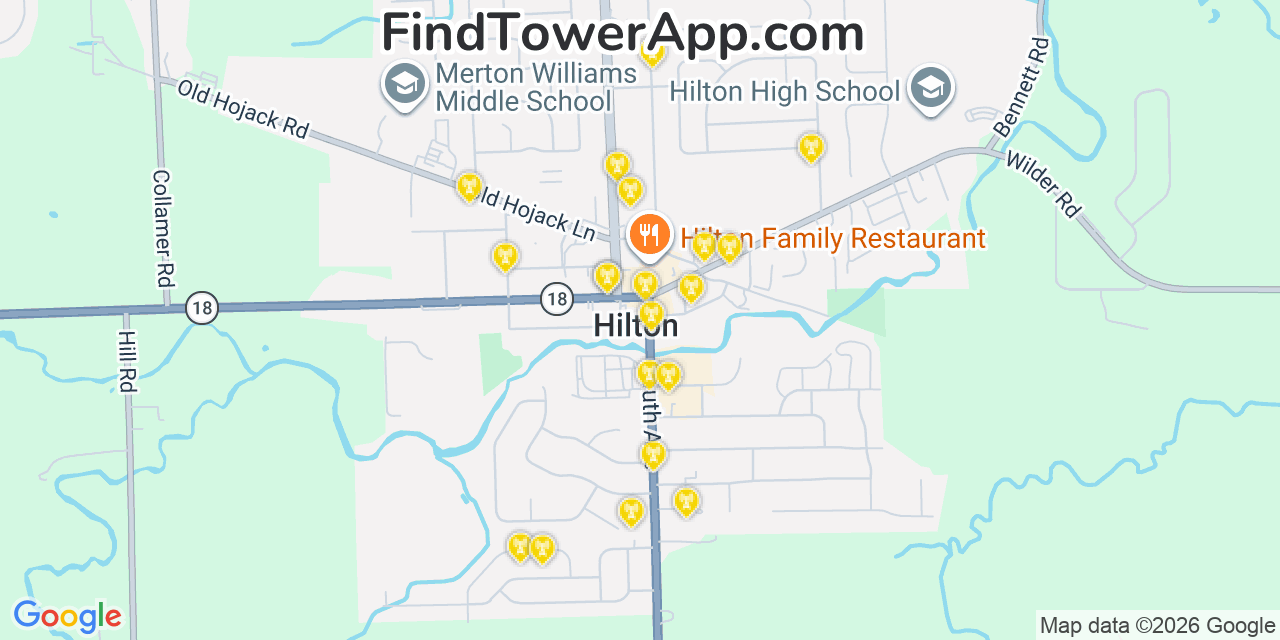 Map showing the 20 primary cell tower locations detected in Hilton, New York from AT&T, Verizon, and T-Mobile networks