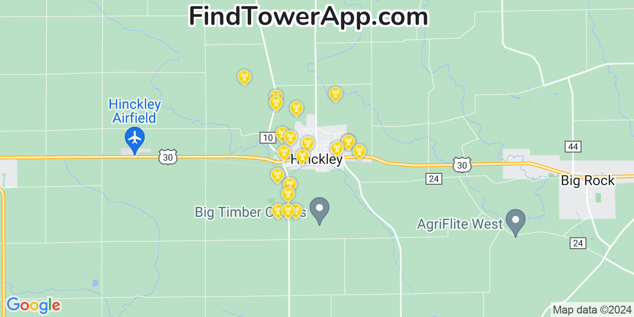 AT&T 4G/5G cell tower coverage map Hinckley, Illinois