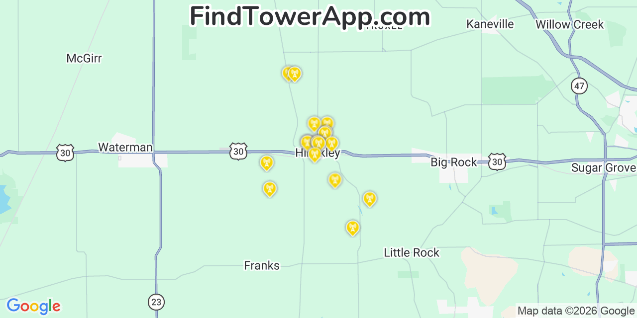 Map showing the 20 primary cell tower locations detected in Hinckley, Illinois from AT&T, Verizon, and T-Mobile networks