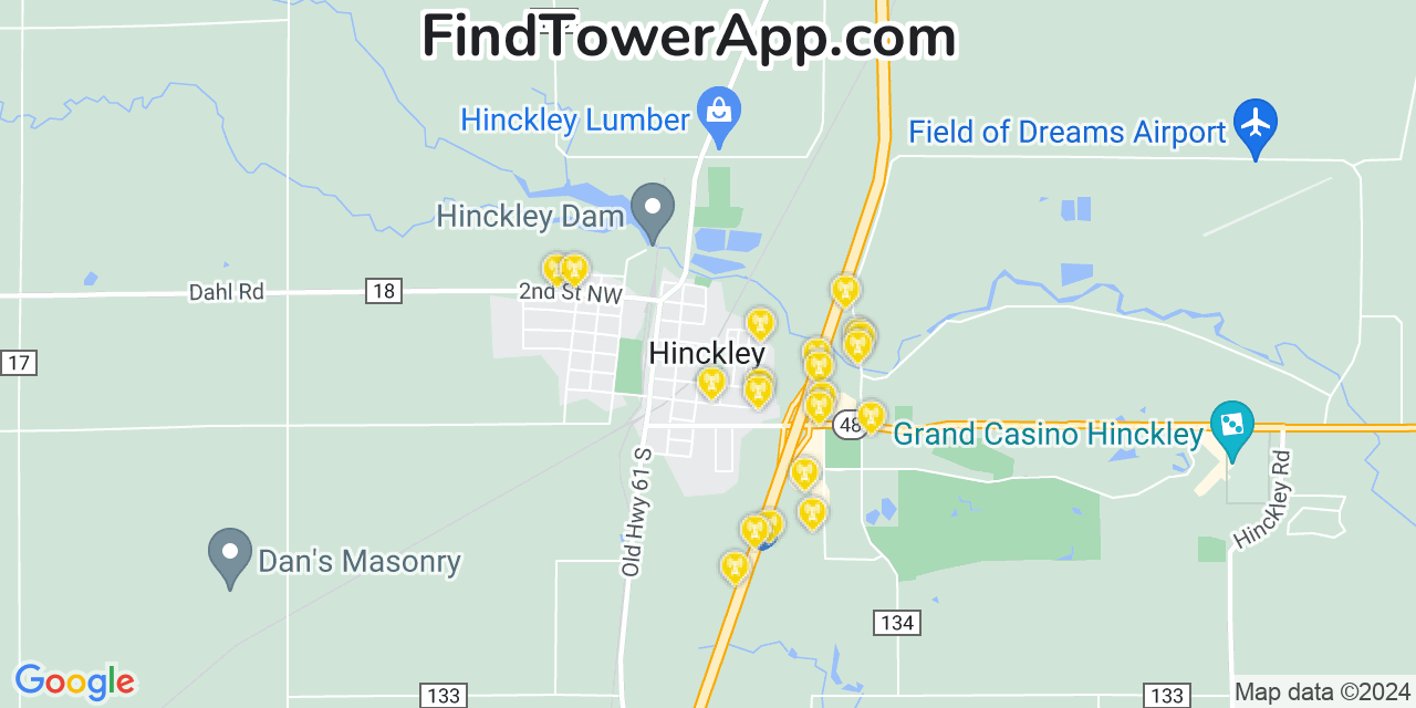 AT&T 4G/5G cell tower coverage map Hinckley, Minnesota