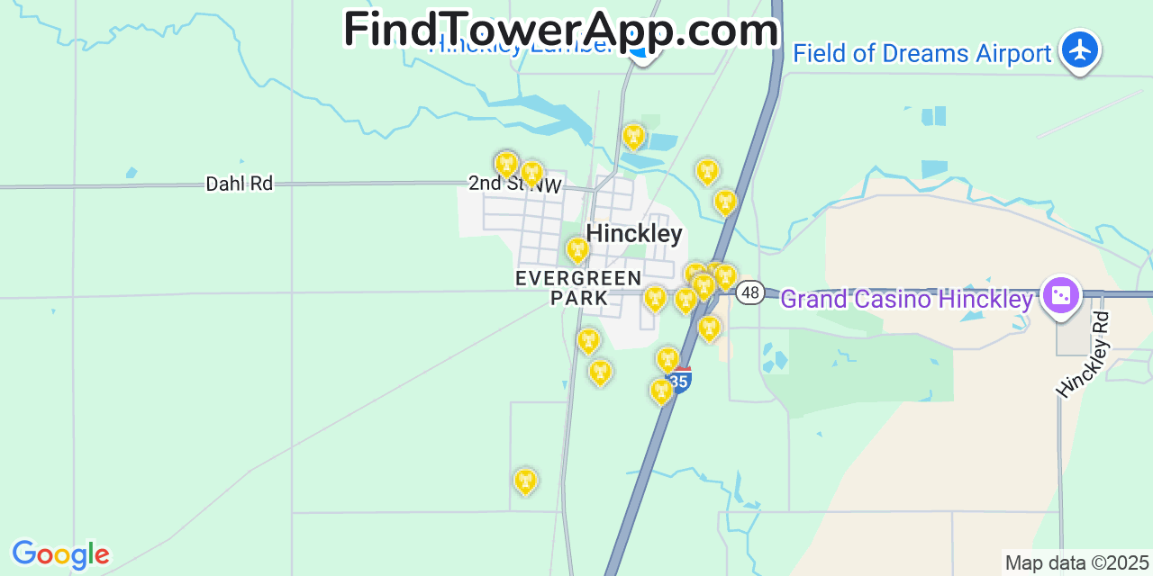 Map showing the 20 primary cell tower locations detected in Hinckley, Minnesota from AT&T, Verizon, and T-Mobile networks