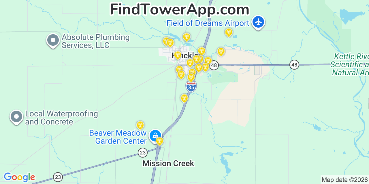 Map showing the 20 primary cell tower locations detected in Hinckley, Minnesota from AT&T, Verizon, and T-Mobile networks