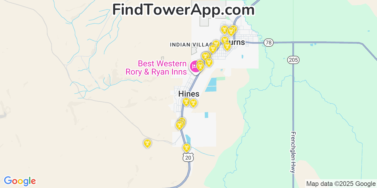Map showing the 20 primary cell tower locations detected in Hines, Oregon from AT&T, Verizon, and T-Mobile networks