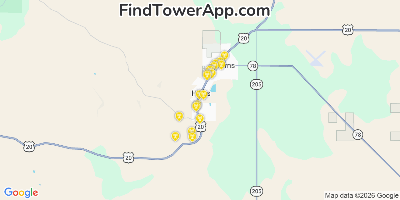 Map showing the 20 primary cell tower locations detected in Hines, Oregon from AT&T, Verizon, and T-Mobile networks